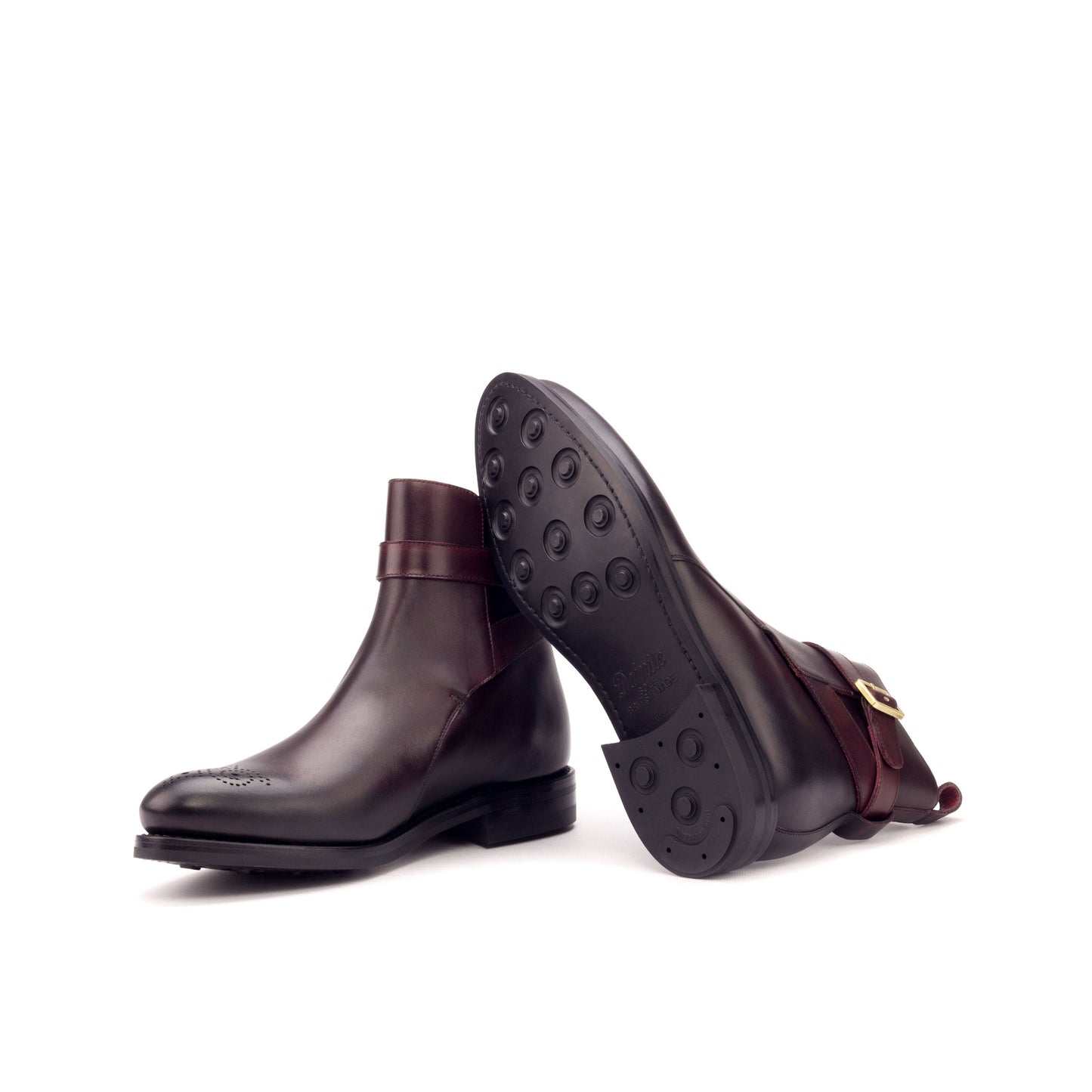 Jodhpur Boot in Burnished Burgundy Painted Box Calf showing black dainite rubber sole