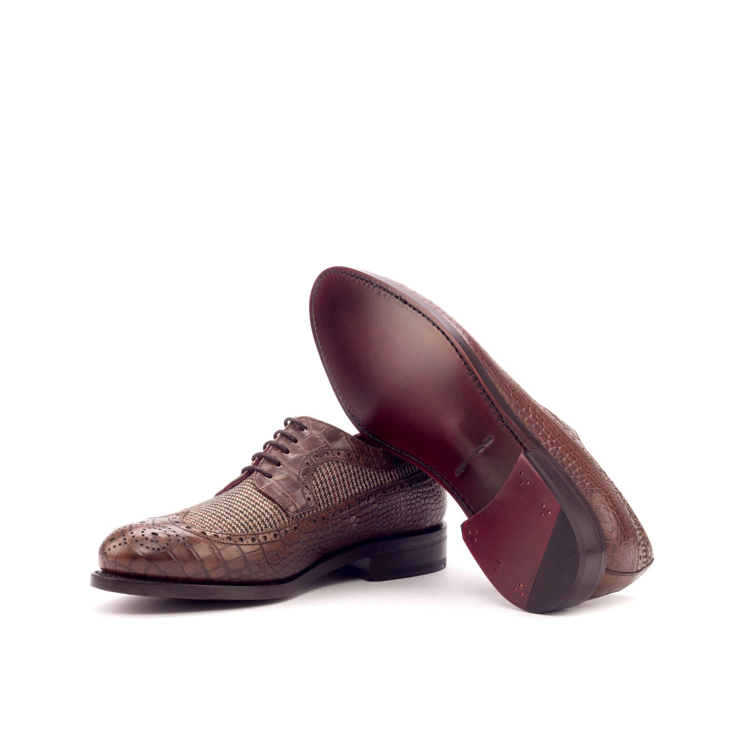 Long Wingtip Derby in Dark Brown Painted Croco-Embossed Box Calf and Brown Small-Scale Wool Tweed showing dark red leather sole