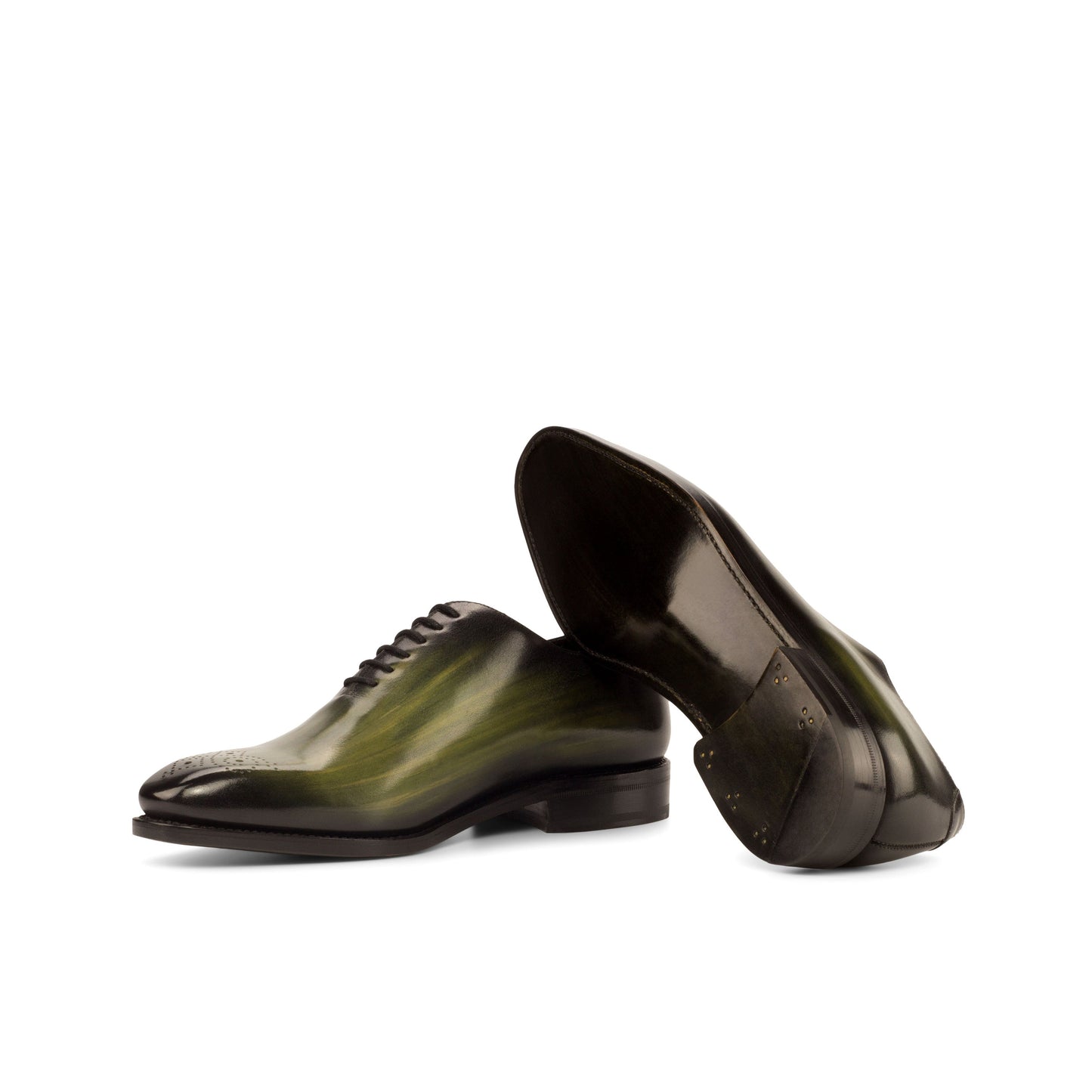 Wholecut Oxford in Khaki Patina Box Calf showing forest green leather sole