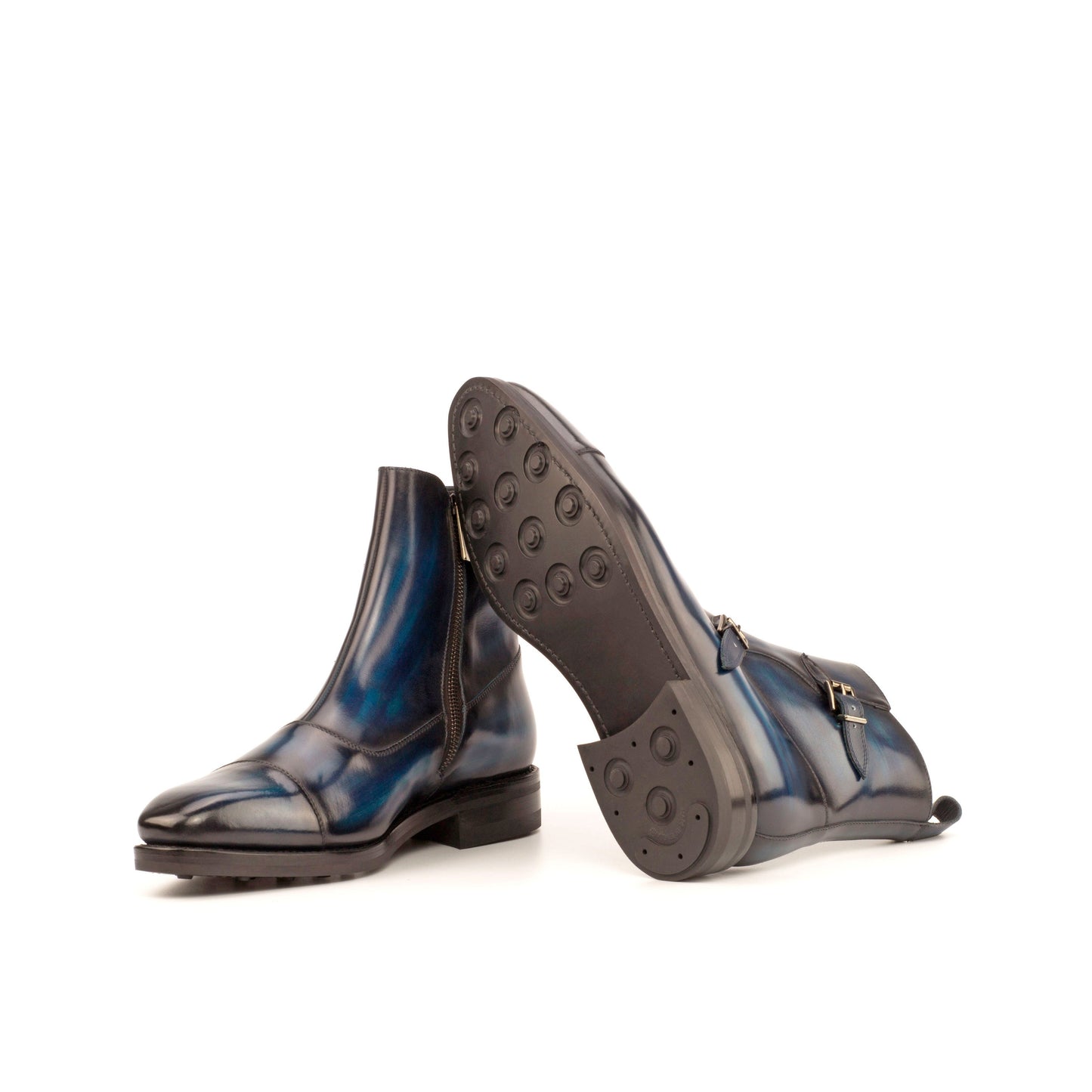 Double Buckle Boot in Denim Patina Box Calf and Navy Box Calf showing black dainite rubber sole