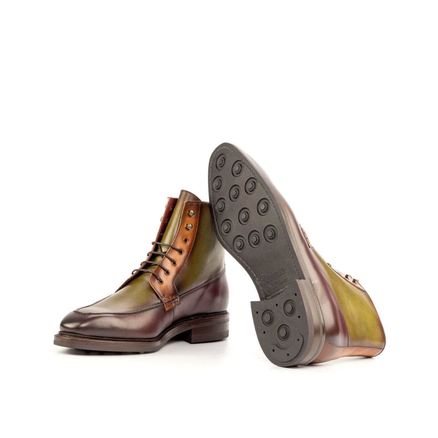 Moc Toe Boot in Burnished Olive Painted Box Calf and Burnished Cognac Painted Box Calf showing black dainite rubber sole