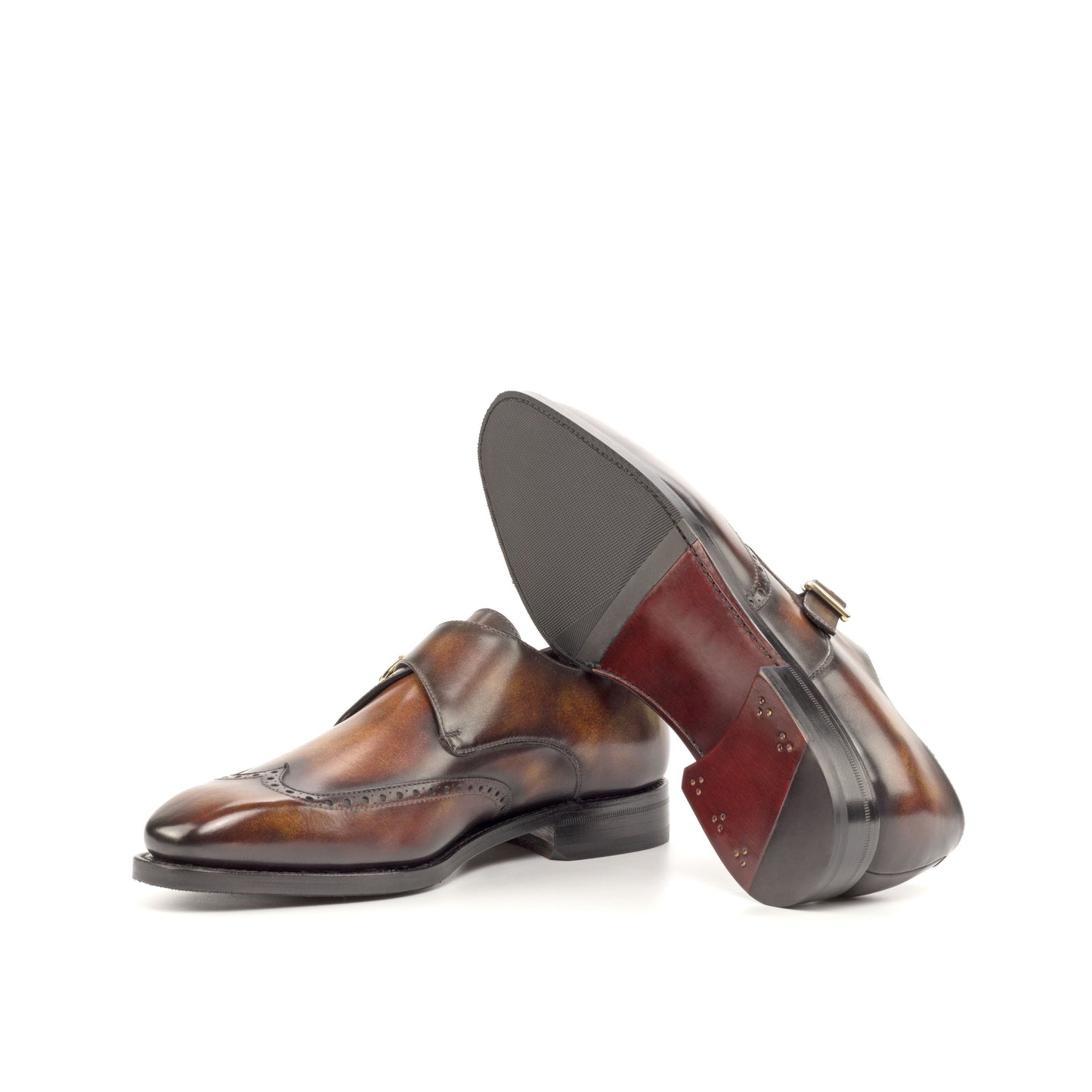 Single Monk Strap in Fire Museum Patina Box Calf and Black Herringbone Fabric showing dark red leather and rubber combination sole
