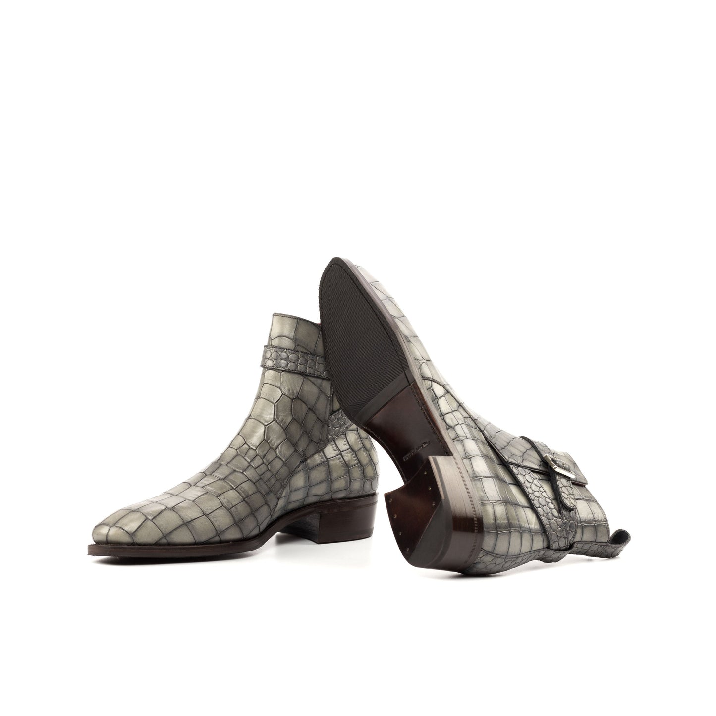 Jodhpur Boot in Grey Painted Croco-Embossed Box Calf showing brown leather and rubber combination sole