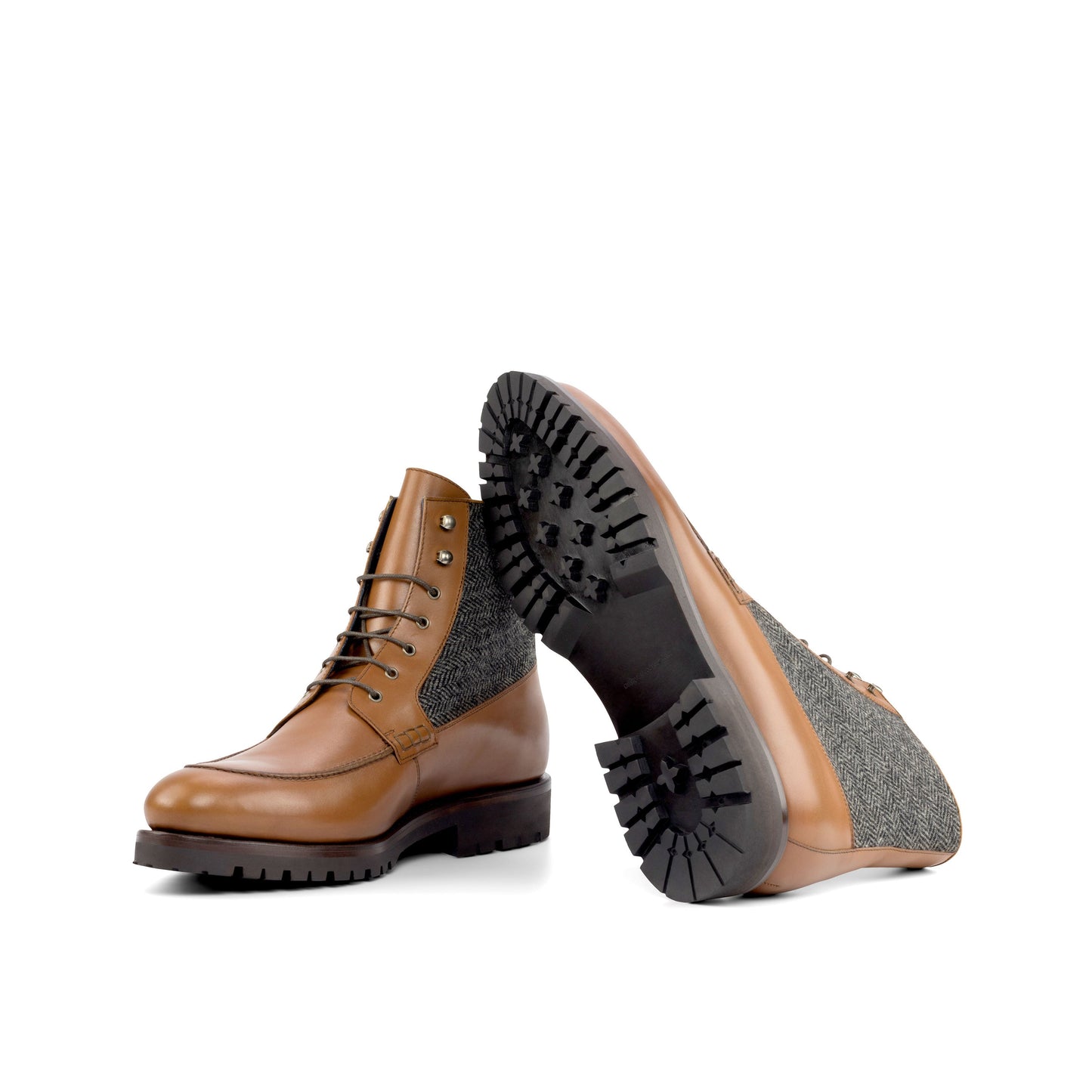 Moc Toe Boot in Black Herringbone Fabric and Cognac Box Calf showing black commando rubber sole