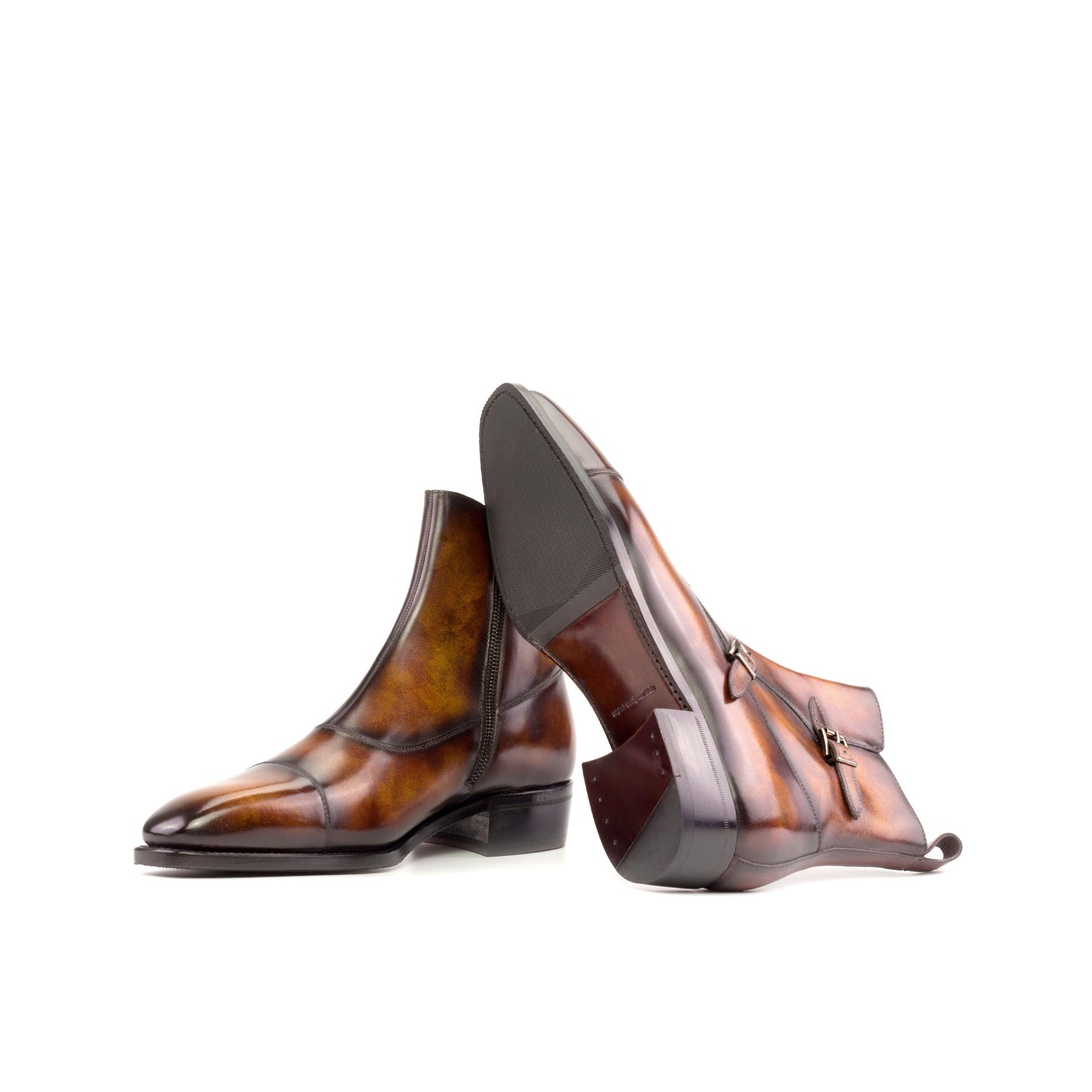 Double Buckle Boot in Fire Museum Patina Box Calf showing brown leather and rubber combination sole