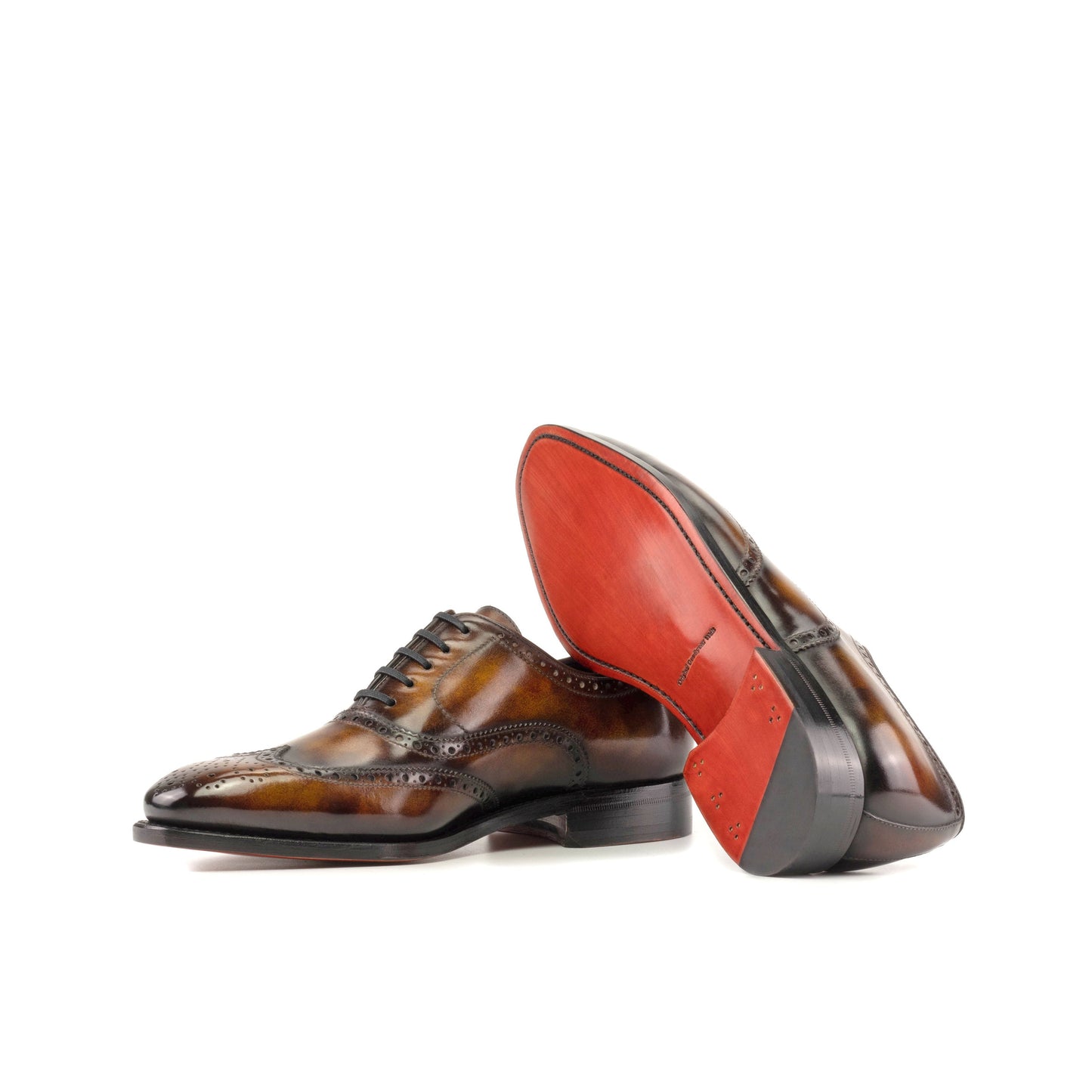Wingtip Oxford in Fire Museum Patina Box Calf showing red leather sole