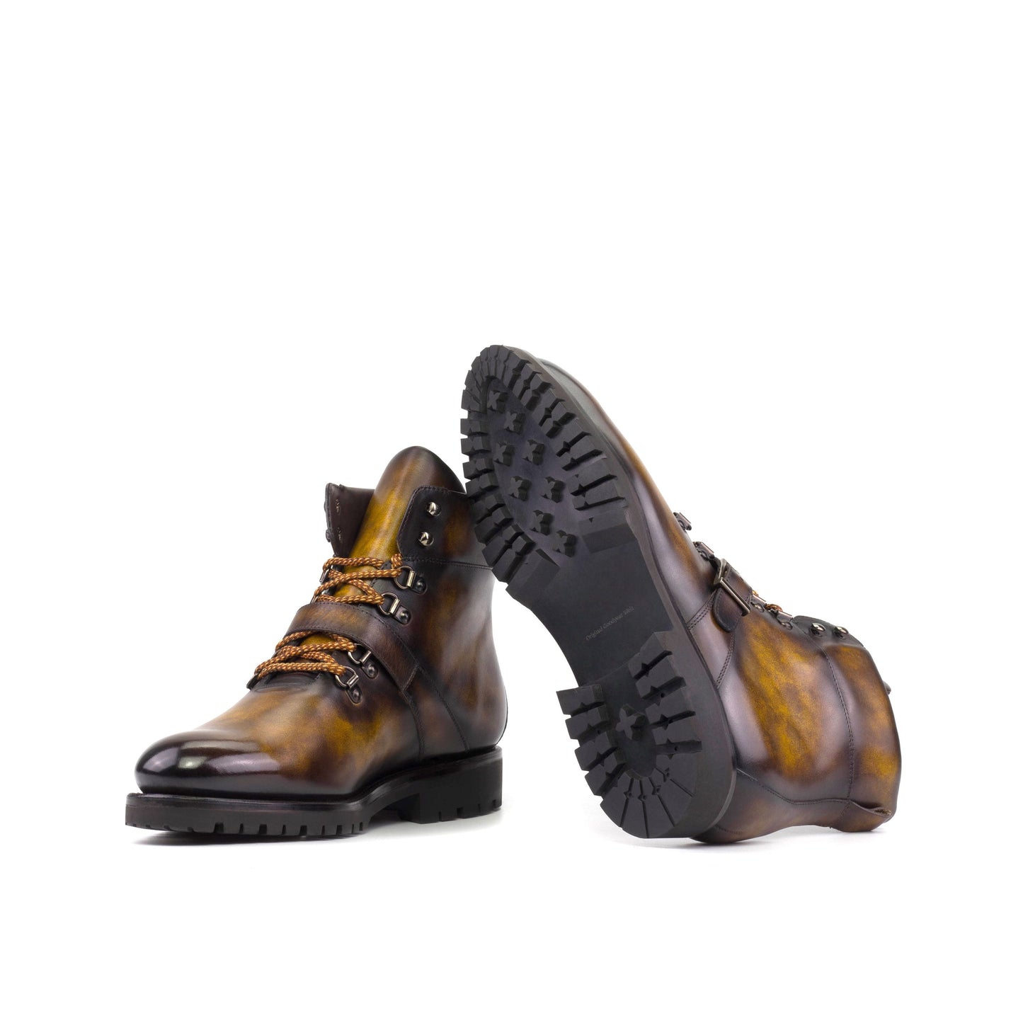 Hiking Boot in Tobacco Museum Patina Box Calf showing black commando rubber sole