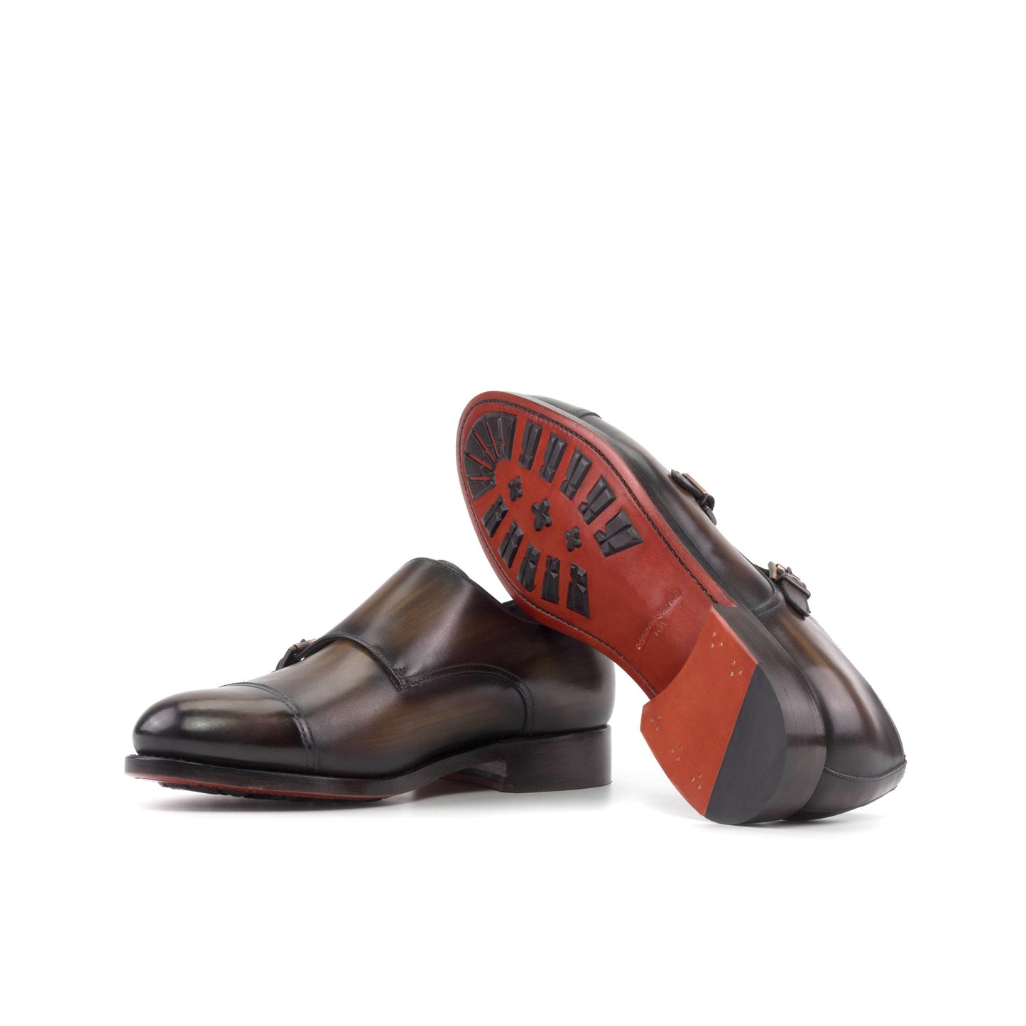 Double Monk Strap in Brown Patina Box Calf showing red leather sole with mountain rubber injections