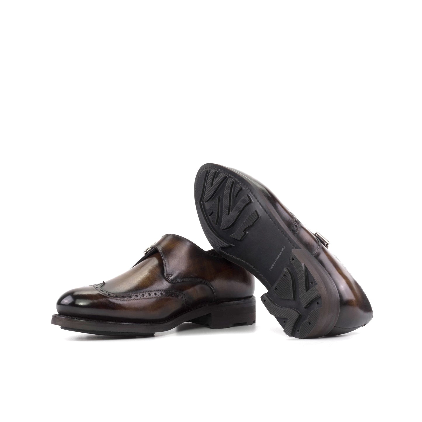 Single Monk Strap in Black Herringbone Fabric and Brown Patina Box Calf showing black rocky rubber sole