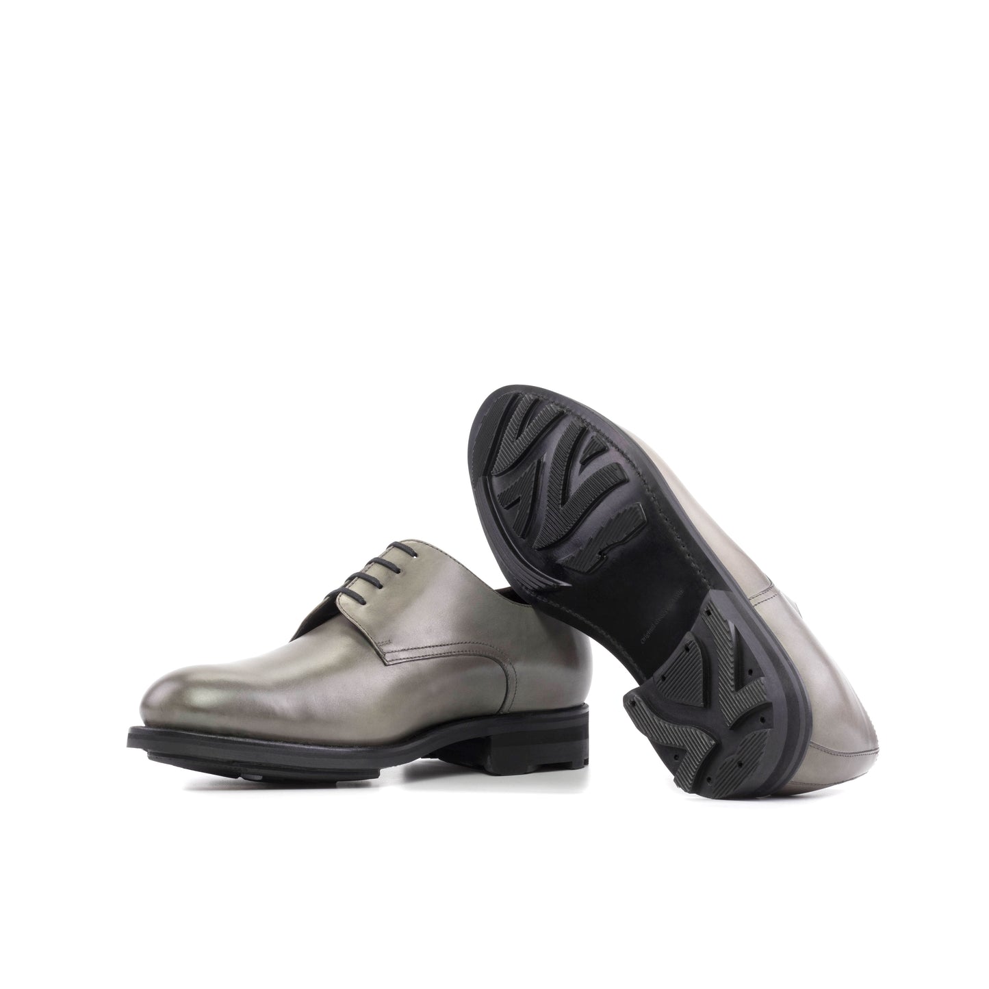 Derby in Grey Painted Box Calf showing black rocky rubber sole