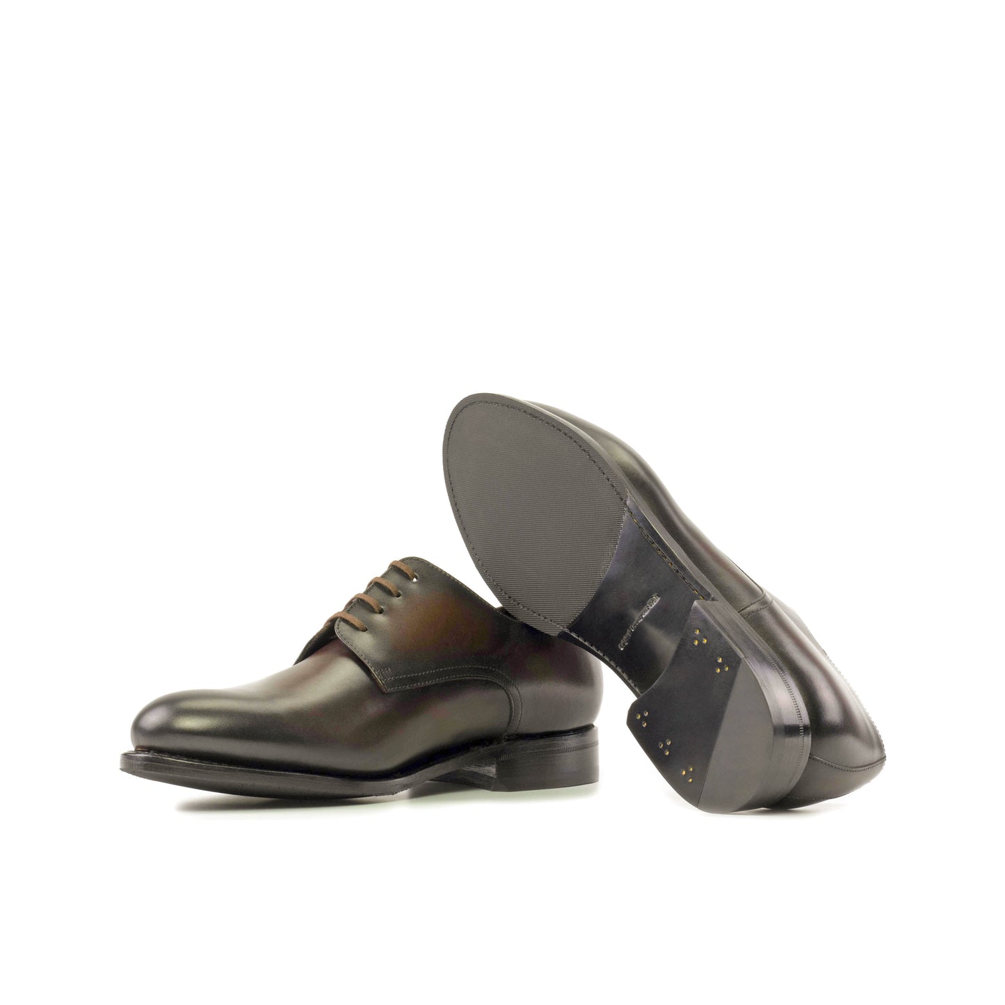 Derby in Burnished Dark Brown Box Calf showing black leather sole