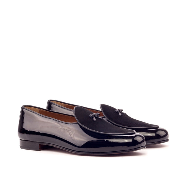 Belgian Slipper in Black Suede and Black Patent - Zatorres | Free Shipping on orders over $200