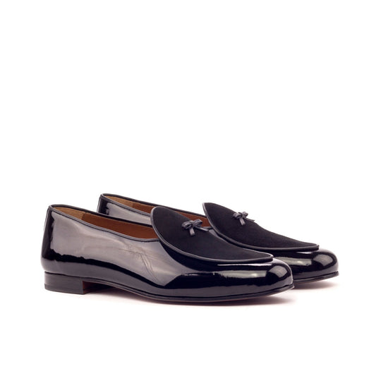 Belgian Slipper in Black Suede and Black Patent - Zatorres | Free Shipping on orders over $200