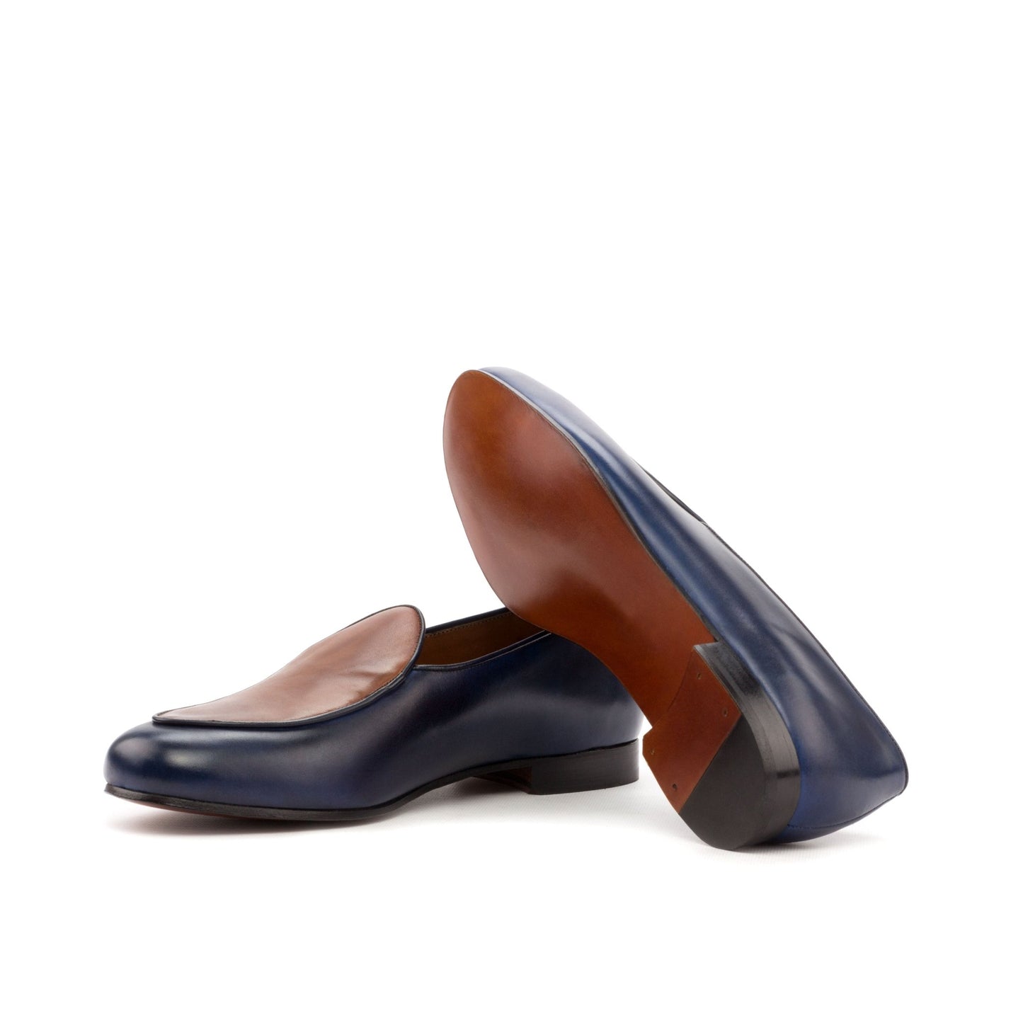 Belgian Slipper in Brown Calf and Navy Calf - Zatorres | Free Shipping on orders over $200