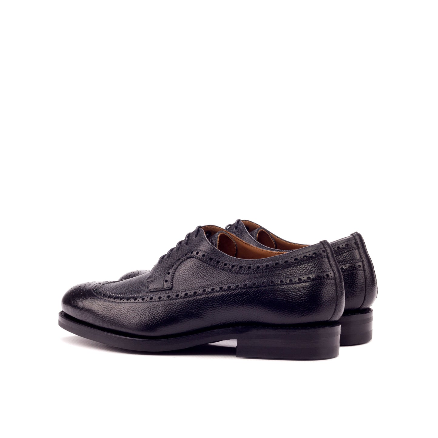 Long Wingtip Derby in Black Painted Full-Grain Box Calf, rear three-quarter view