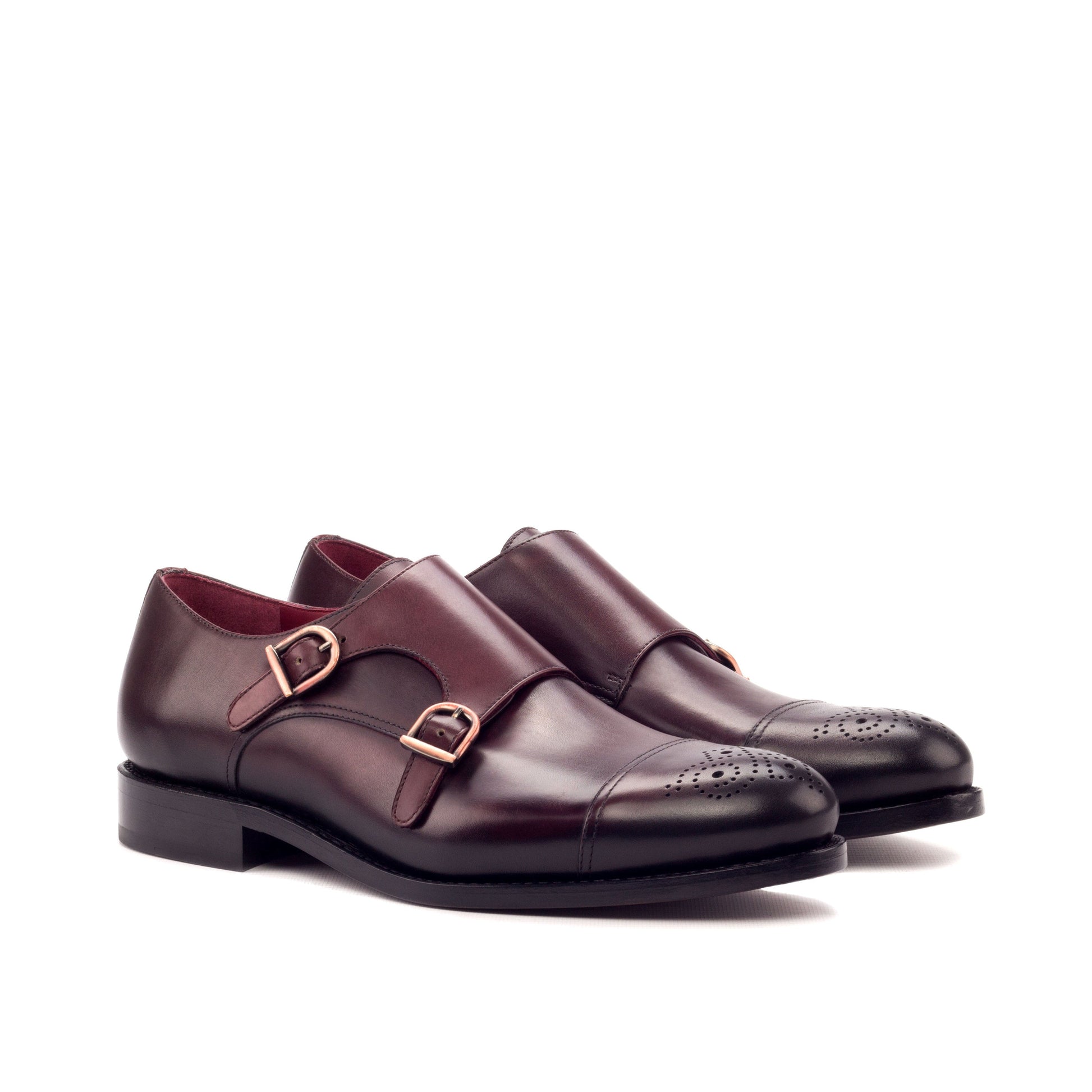 Double Monk Strap in Burnished Burgundy Painted Box Calf, front three-quarter view