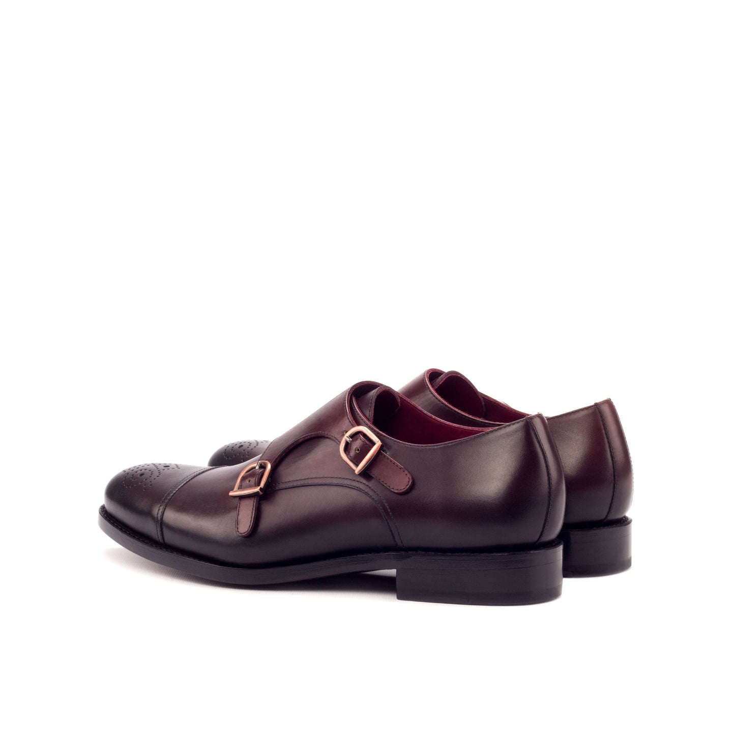 Double Monk Strap in Burnished Burgundy Painted Box Calf, rear three-quarter view