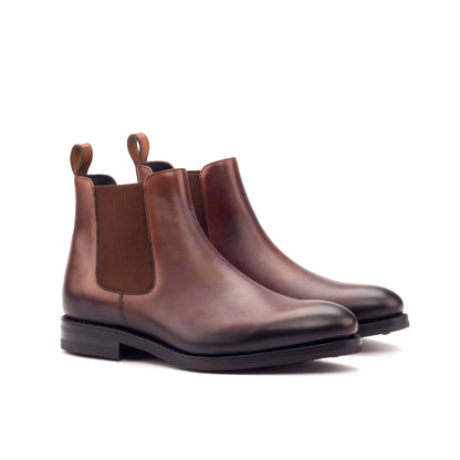Pair of burnished medium brown painted box calf Chelsea boots, front three-quarter view