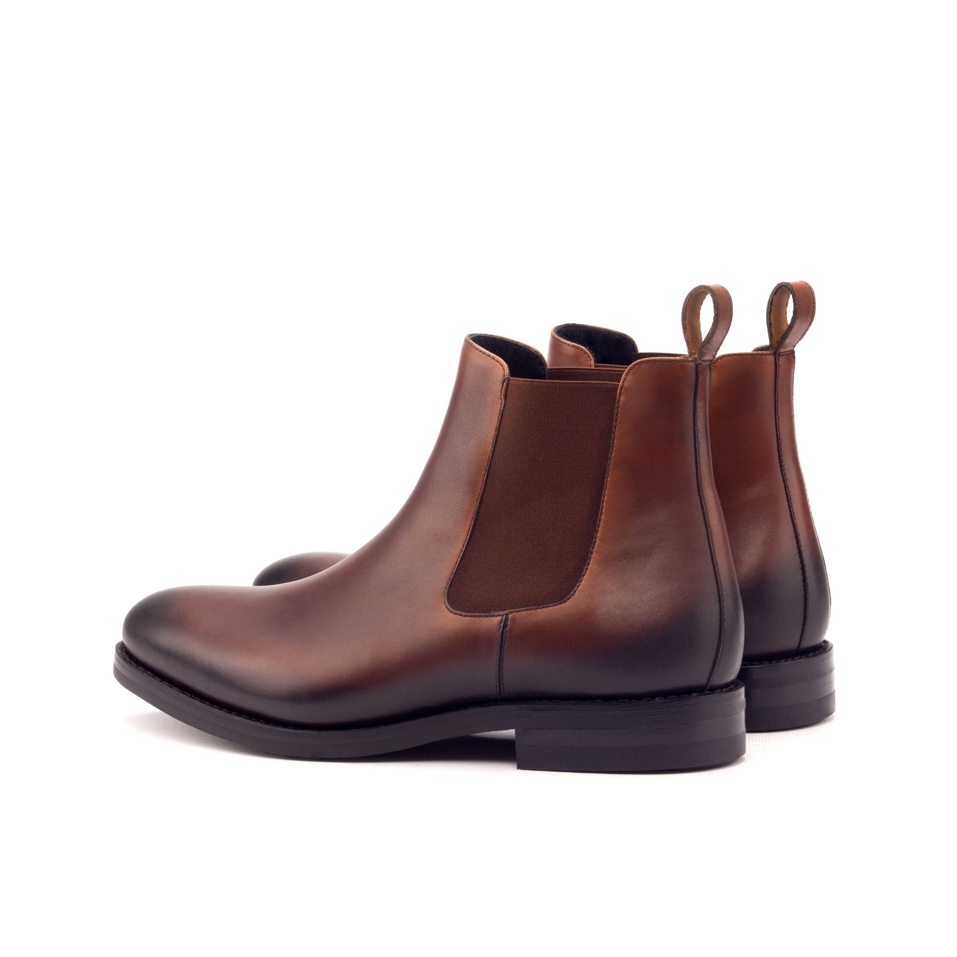 Burnished medium brown painted box calf Chelsea boots, rear three-quarter view