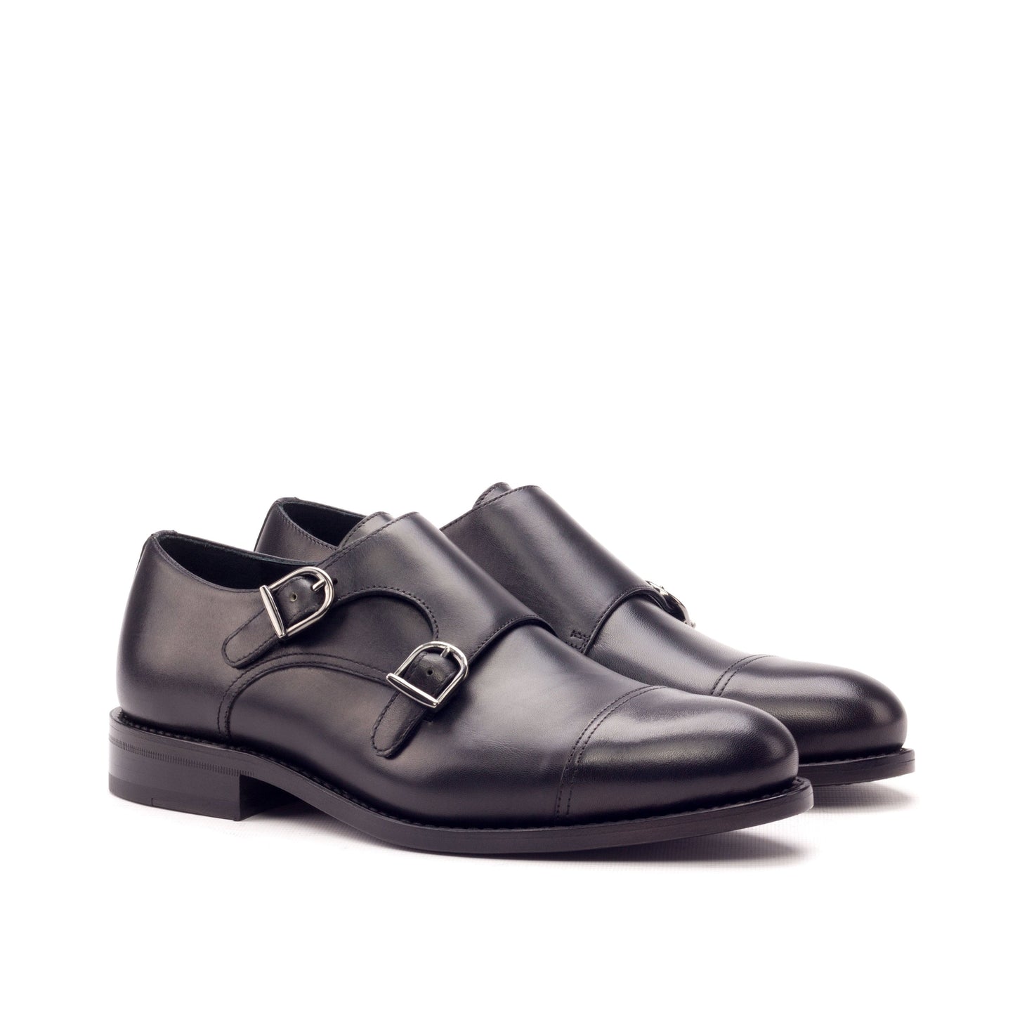 Double Monk Strap in Black Painted Box Calf, front three-quarter view