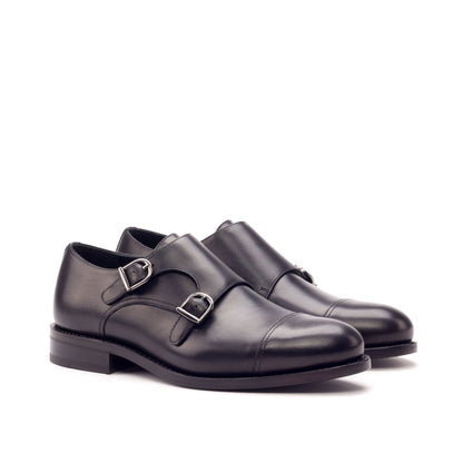 Double Monk Strap in Black Painted Box Calf, front three-quarter view