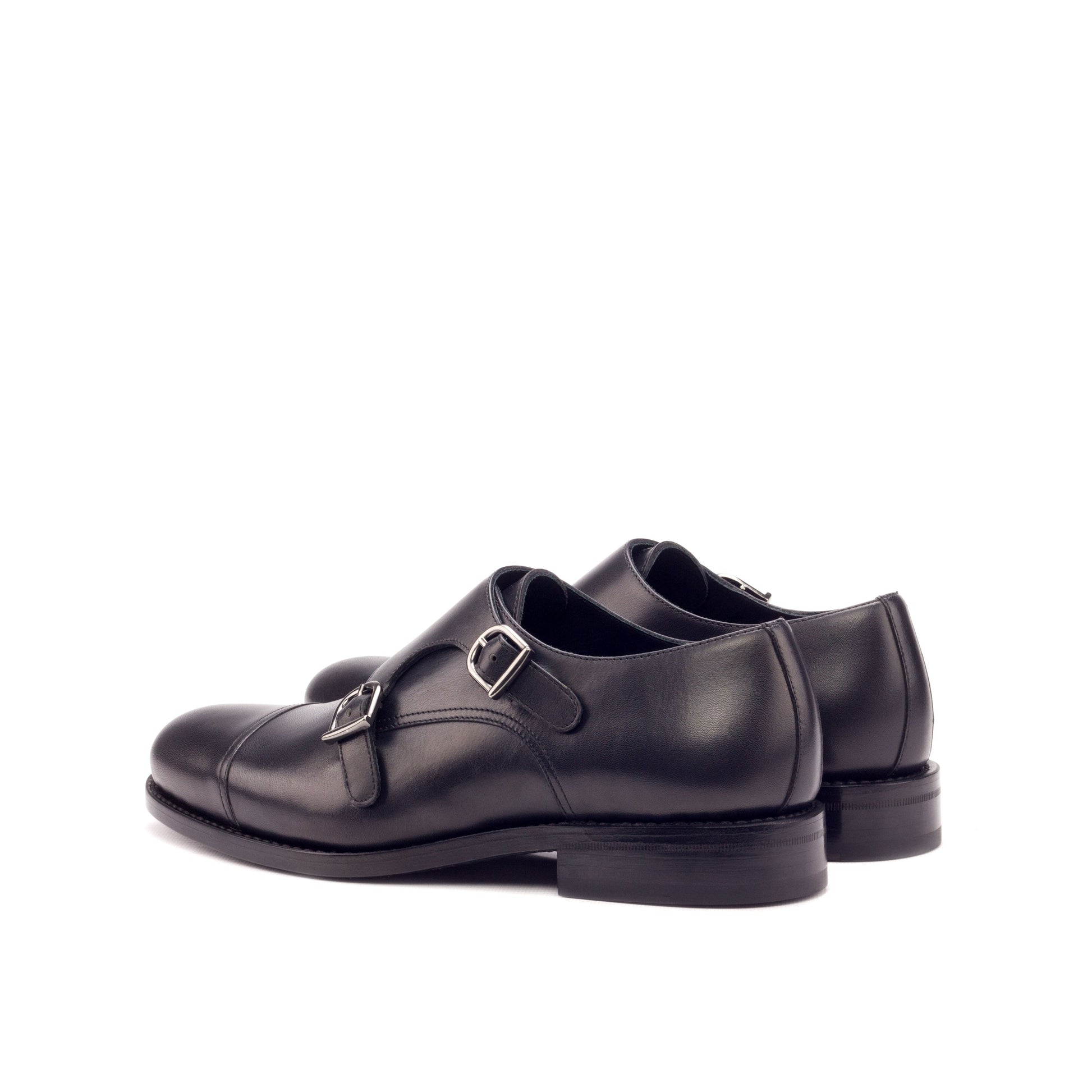 Double Monk Strap in Black Painted Box Calf, rear three-quarter view
