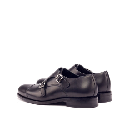 Double Monk Strap in Black Painted Box Calf, rear three-quarter view