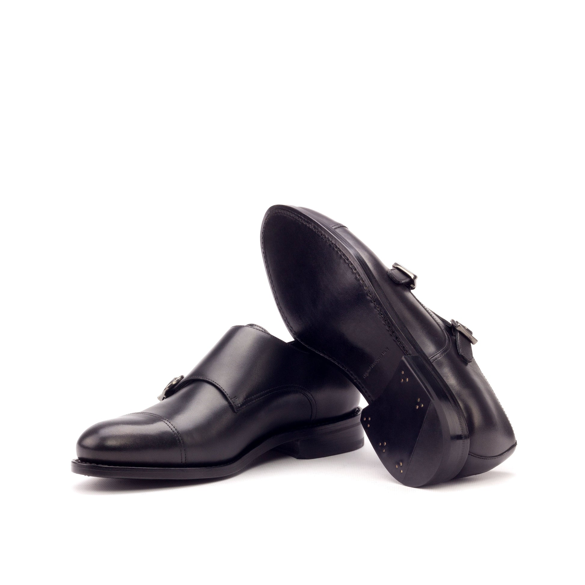 Double Monk Strap in Black Painted Box Calf showing black leather sole