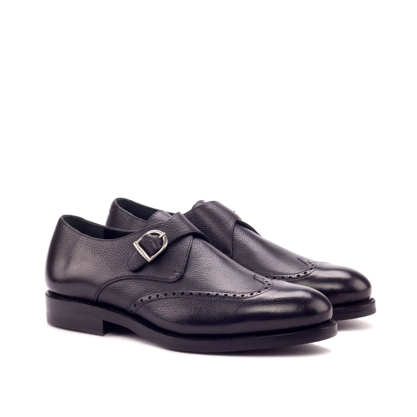 Single Monk Strap in Black Painted Full-Grain Box Calf and Black Herringbone Fabric, front three-quarter view