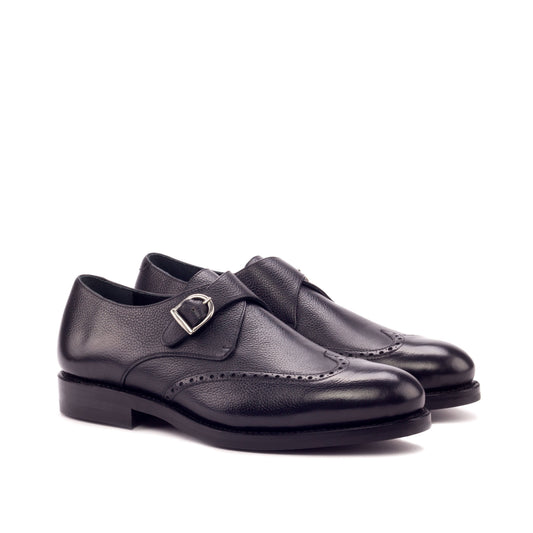 Single Monk Strap in Black Painted Full-Grain Box Calf and Black Herringbone Fabric, front three-quarter view
