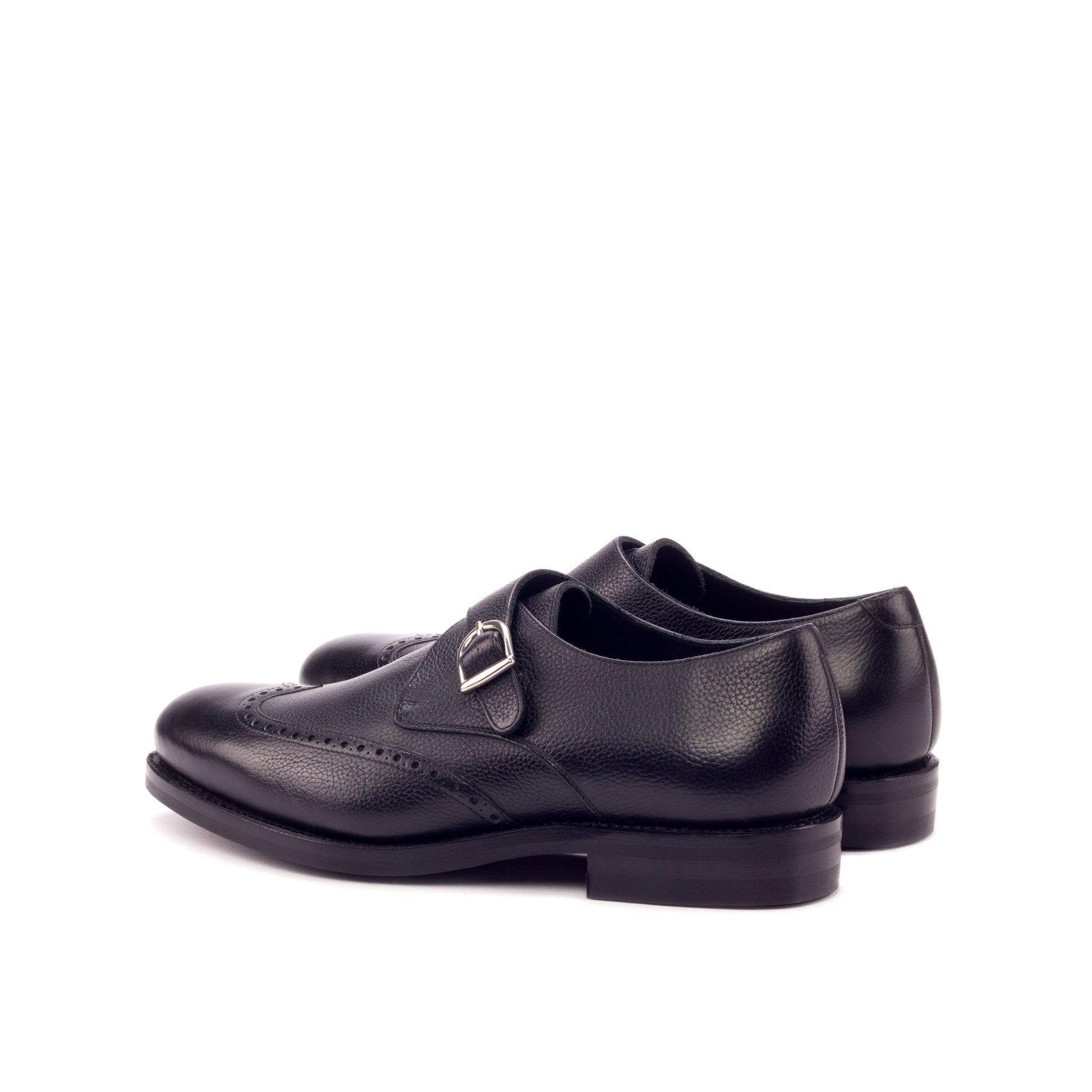 Single Monk Strap in Black Painted Full-Grain Box Calf and Black Herringbone Fabric, rear three-quarter view