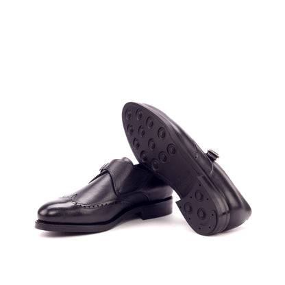 Single Monk Strap in Black Painted Full-Grain Box Calf and Black Herringbone Fabric showing black dainite rubber sole