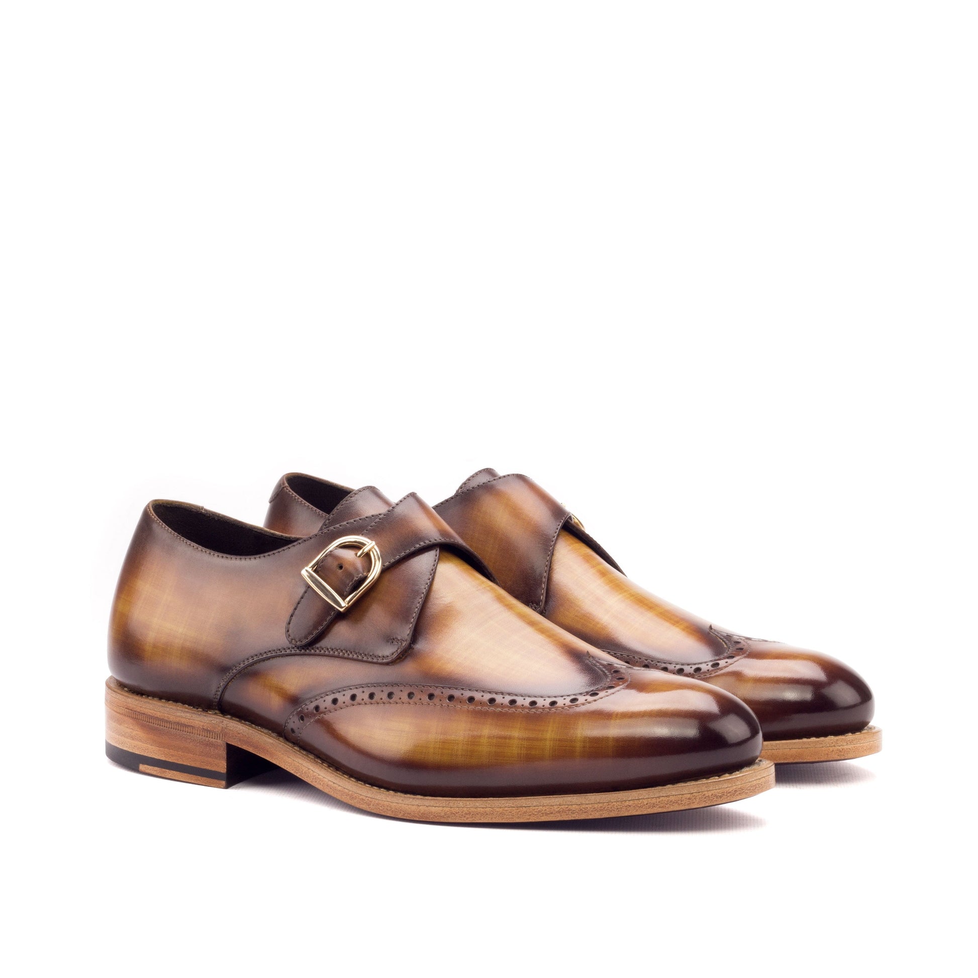 Single Monk Strap in Cognac Patina Box Calf and Black Herringbone Fabric, front three-quarter view