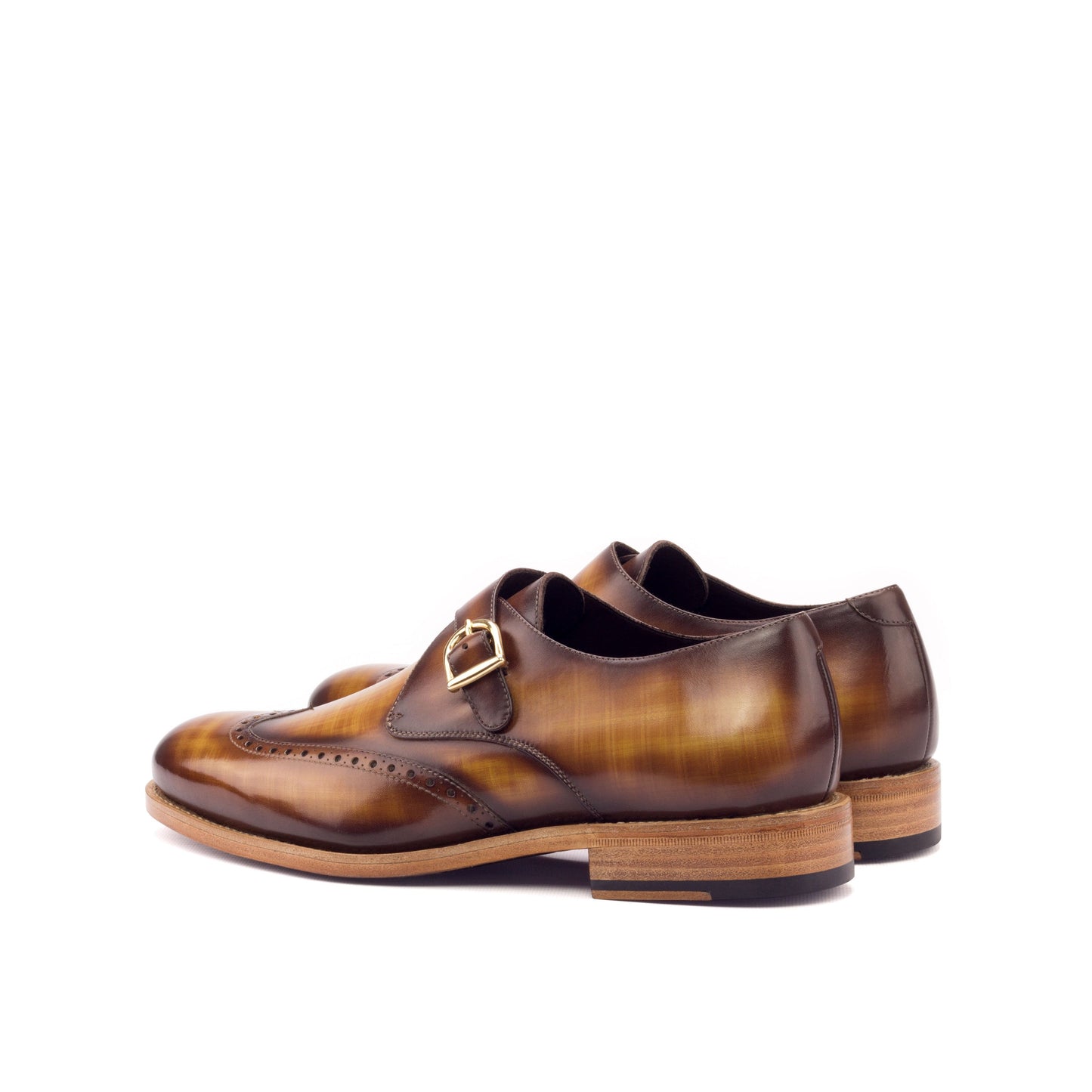 Single Monk Strap in Cognac Patina Box Calf and Black Herringbone Fabric, rear three-quarter view