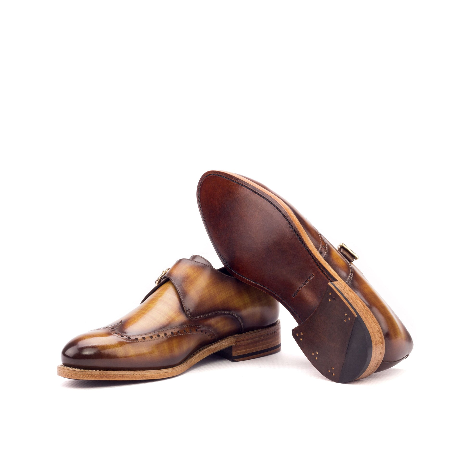 Single Monk Strap in Cognac Patina Box Calf and Black Herringbone Fabric showing brown leather sole