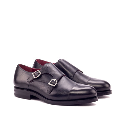 Double Monk Strap in Black Painted Full-Grain Box Calf, front three-quarter view