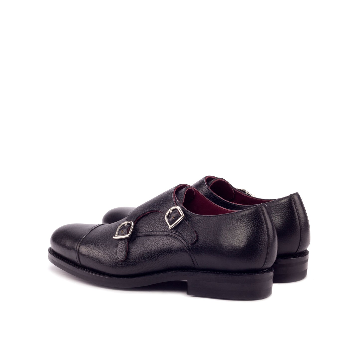 Double Monk Strap in Black Painted Full-Grain Box Calf, rear three-quarter view