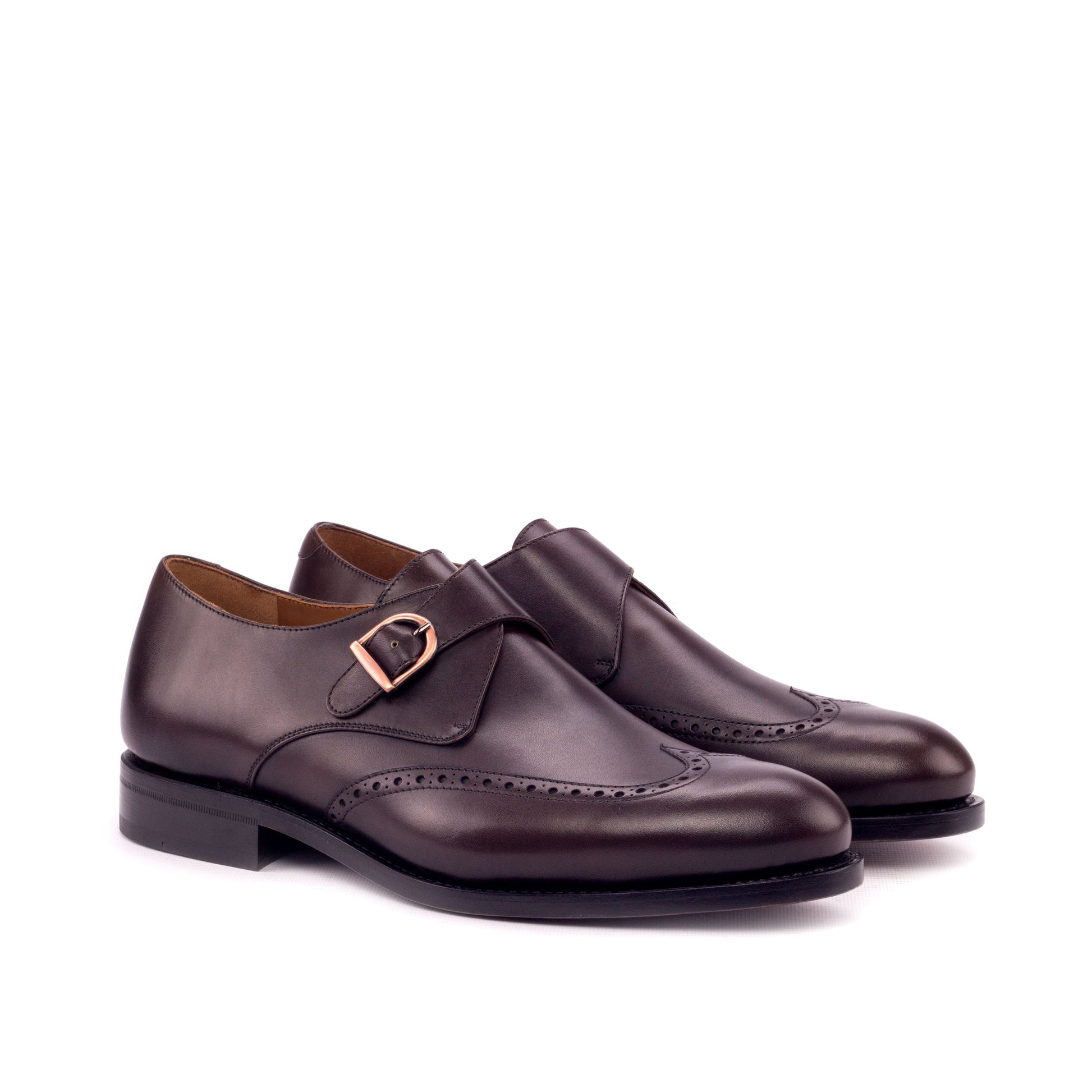 Single Monk Strap in Dark Brown Painted Box Calf and Black Herringbone Fabric, front three-quarter view