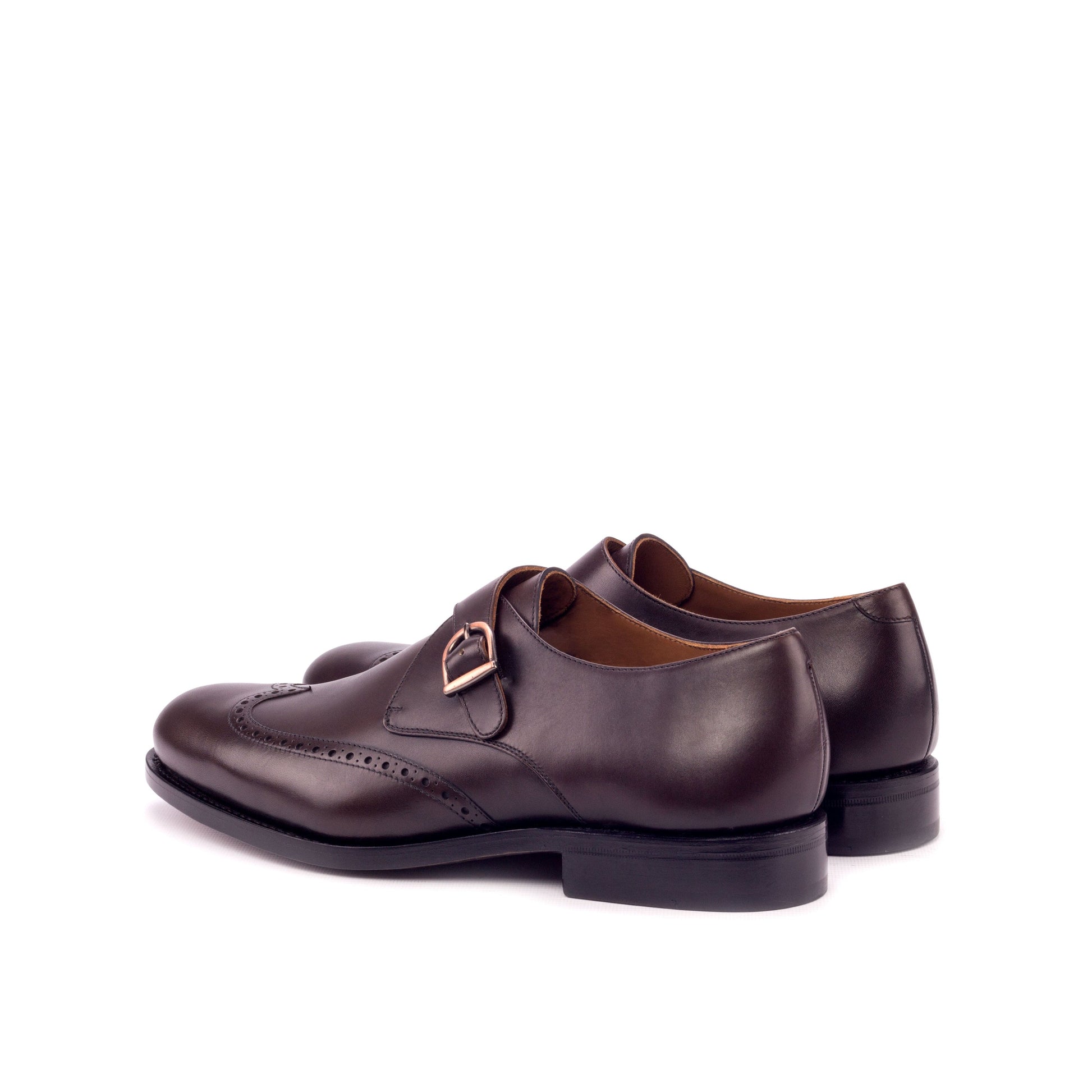 Single Monk Strap in Dark Brown Painted Box Calf and Black Herringbone Fabric, rear three-quarter view