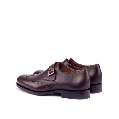 Single Monk Strap in Dark Brown Painted Box Calf and Black Herringbone Fabric, rear three-quarter view