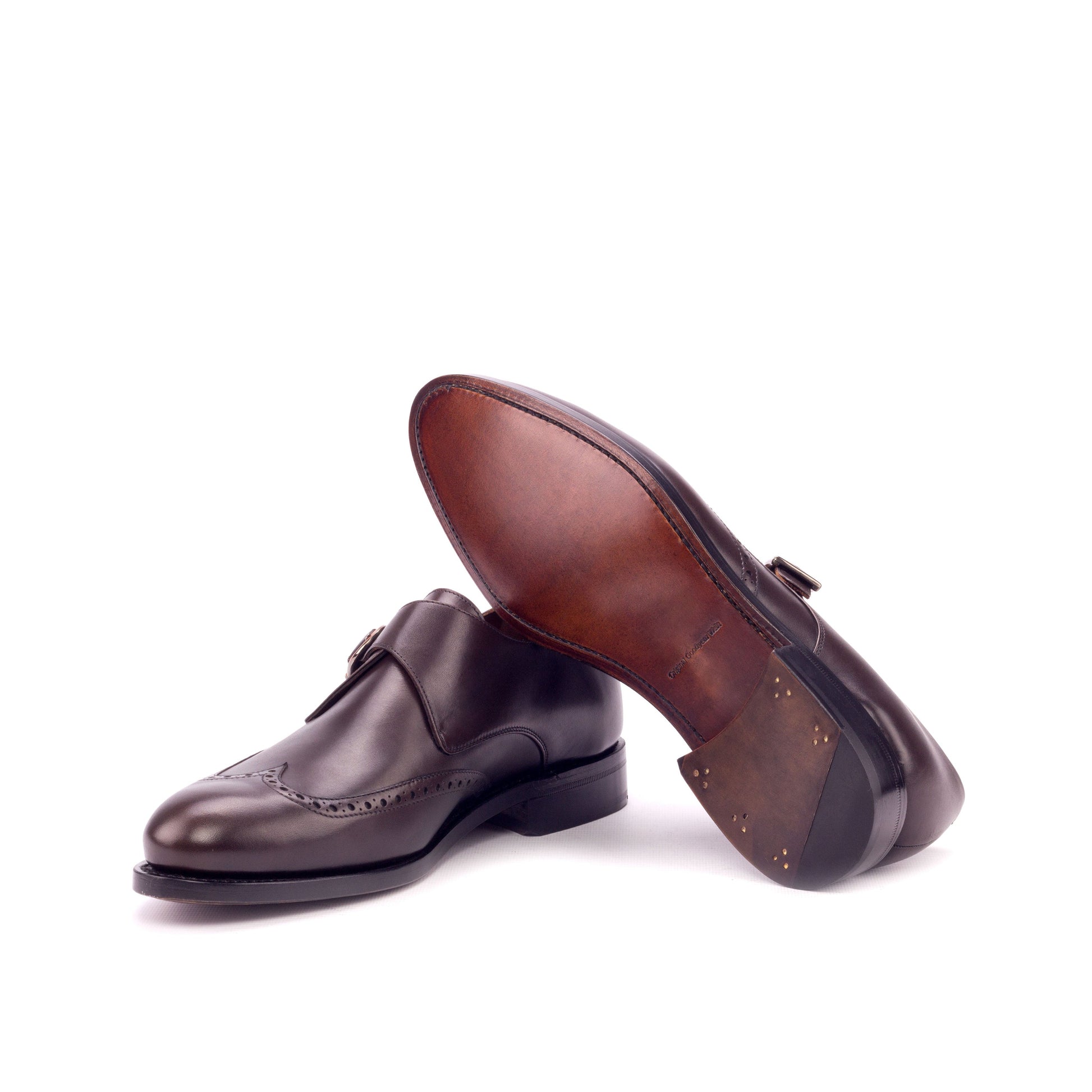 Single Monk Strap in Dark Brown Painted Box Calf and Black Herringbone Fabric showing brown leather sole