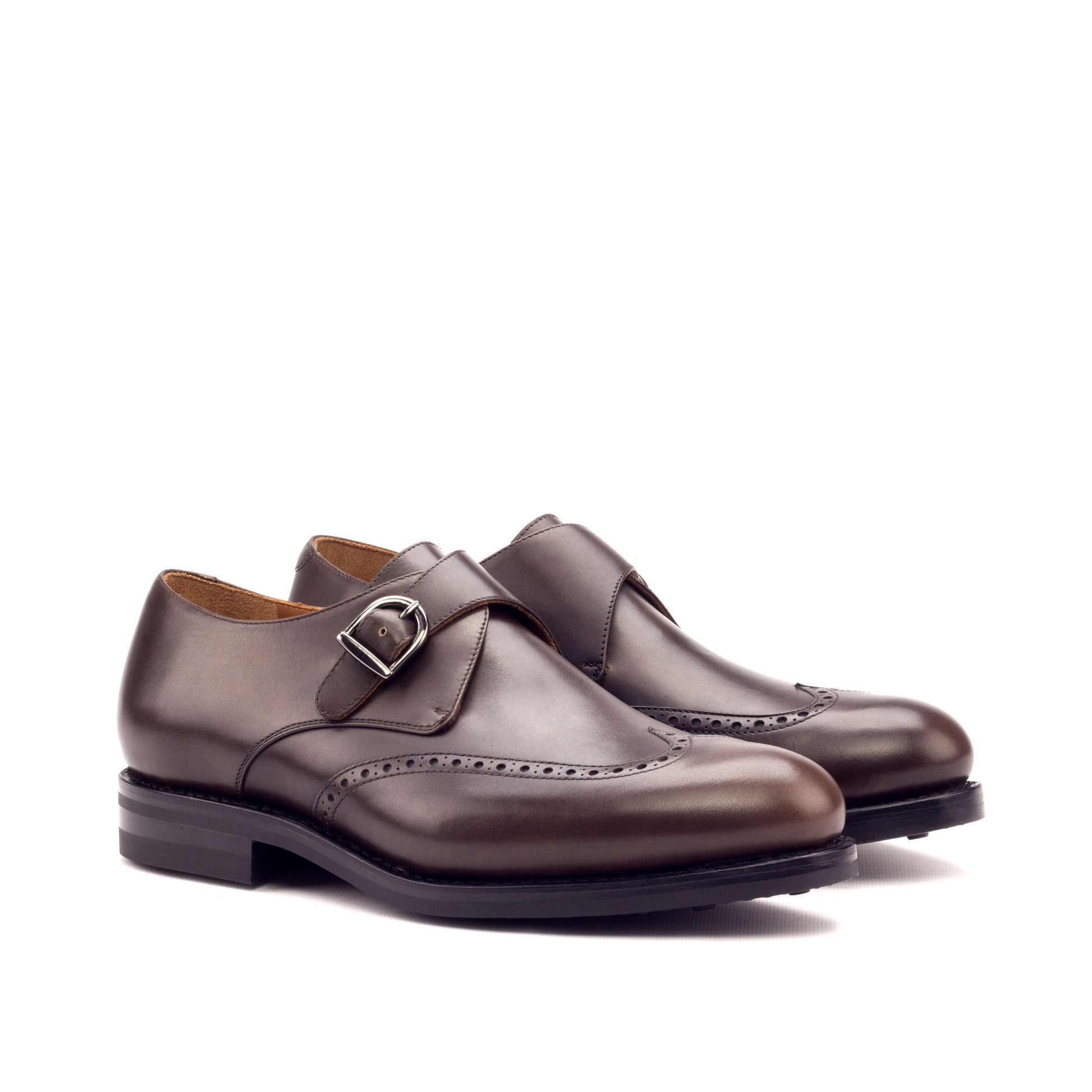 Single Monk Strap in Dark Brown Painted Box Calf and Black Herringbone Fabric, front three-quarter view
