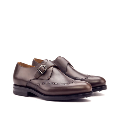 Single Monk Strap in Dark Brown Painted Box Calf and Black Herringbone Fabric, front three-quarter view