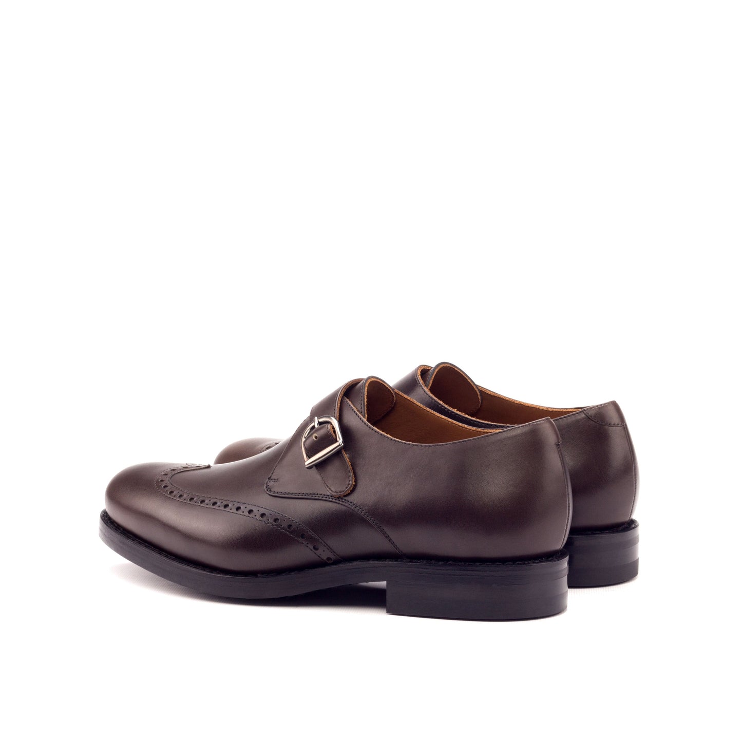 Single Monk Strap in Dark Brown Painted Box Calf and Black Herringbone Fabric, rear three-quarter view