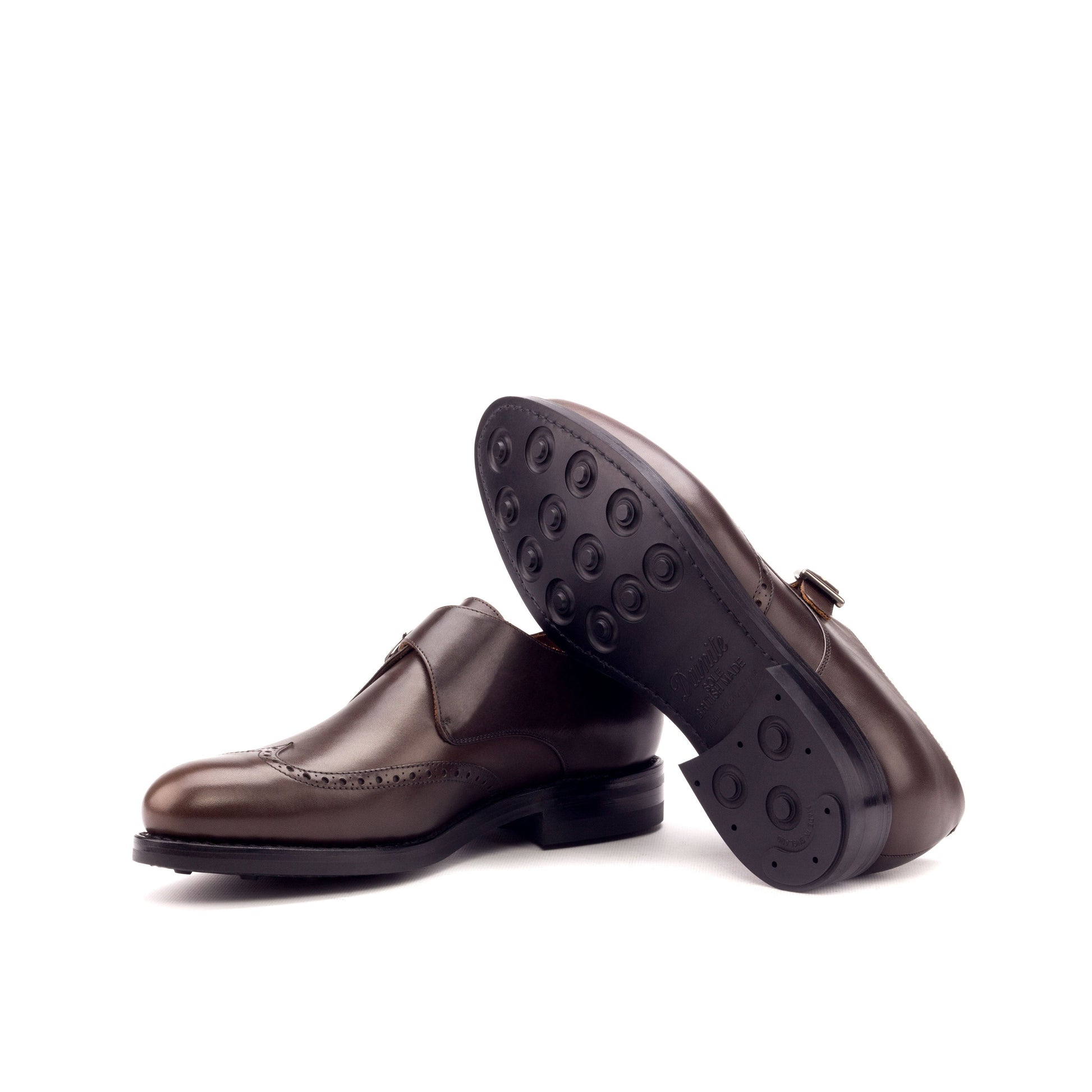 Single Monk Strap in Dark Brown Painted Box Calf and Black Herringbone Fabric showing black dainite rubber sole