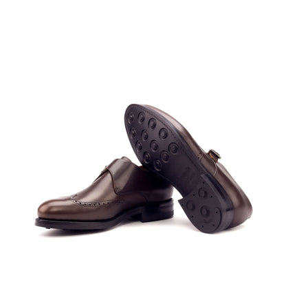 Single Monk Strap in Dark Brown Painted Box Calf and Black Herringbone Fabric showing black dainite rubber sole