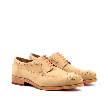 Long Wingtip Derby in Camel Kid Suede, front three-quarter view