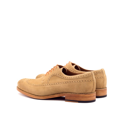 Long Wingtip Derby in Camel Kid Suede, rear three-quarter view