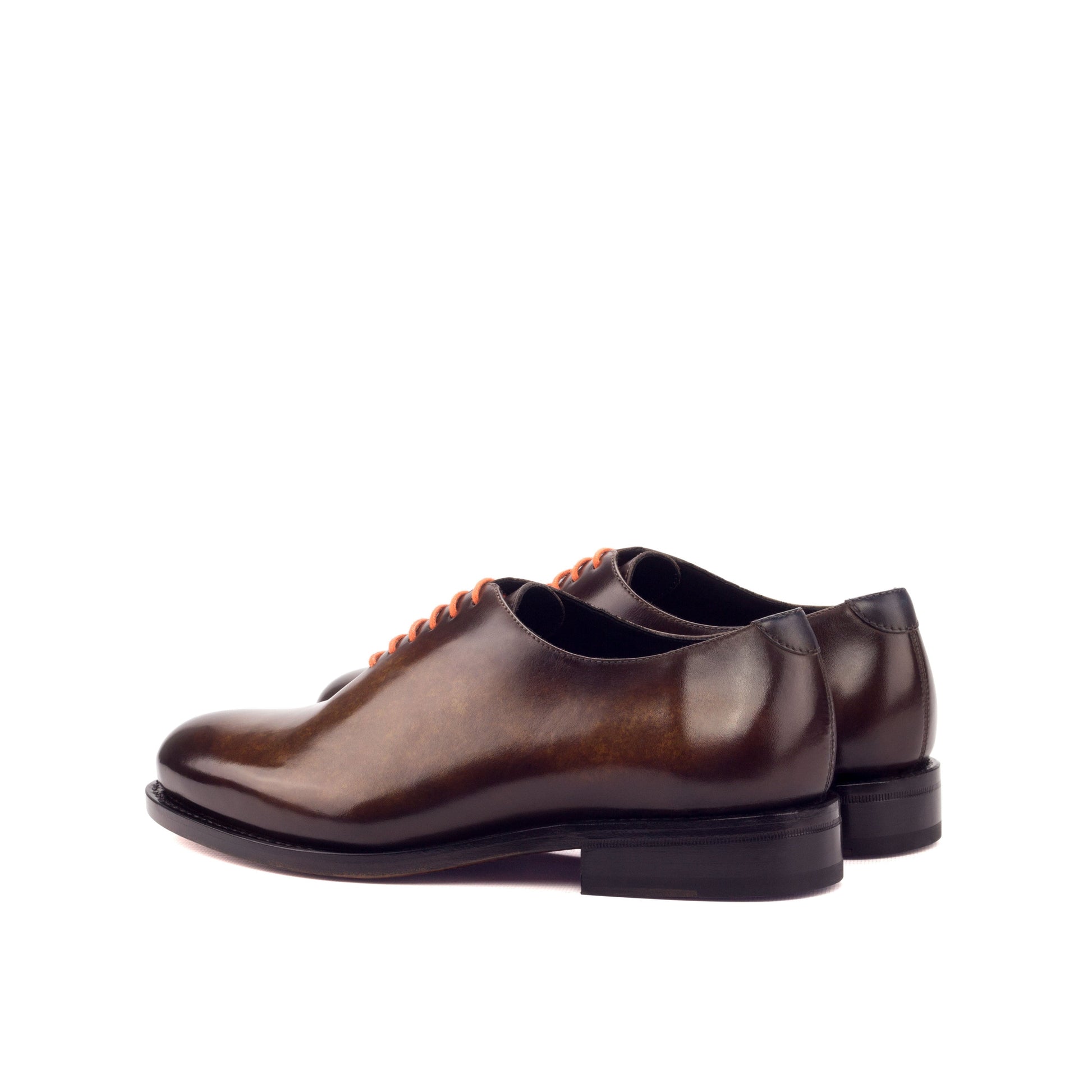 Wholecut Oxford in Cognac Marble Patina Box Calf and Denim Marble Patina Box Calf, rear three-quarter view