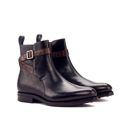 Jodhpur Boot in Black Painted Pebble-Grain Box Calf and Dark Brown Painted Croco-Embossed Box Calf, front three-quarter view